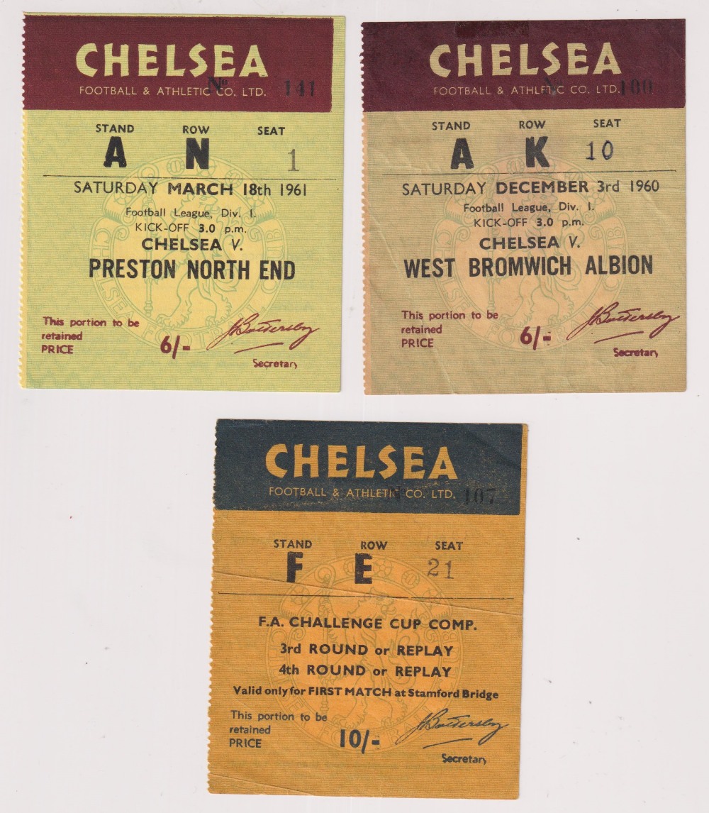 Football tickets, Chelsea home tickets, 1960/61, three tickets v WBA 3 Dec 1960, Preston 18 March
