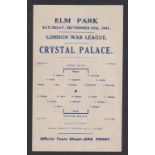Football programme, Reading v Crystal Palace, 20 September, 1941, London War League, single sheet (