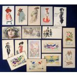 Postcards, Glamour, a mix of 9 cards, mainly late Art Nouveau early Deco, of pretty ladies in