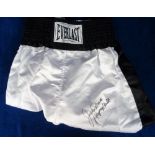 Boxing, a pair of signed Everlast boxing shorts signed 'Jake LaMotta Raging Bull' (gd)