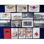 Postcards, a mixed selection of 17 cards, with embroidered silks (greetings, 5), good chromos of