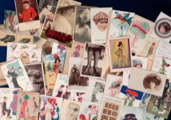 Postcards, a fashion and costume mix of approx. 59 cards, showing mainly glamorous ladies in