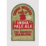 Beer label, Thomas Wethered & Sons Ltd, Marlow, India Pale Ale, 100mm high, (hole by 'bottled' &