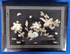 Antique Japanese Lacquered Shibayama Mother of Pearl Photo Album, hand painted pages depicting