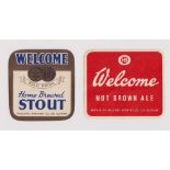 Beer labels, Welcome Brewery Co Ltd, Oldham, Nut Brown Ale (gd) & Home Brewed Stout (thinning to