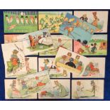 Postcards, Louis Wain, a selection of 17 cards of anthropomorphic cats, owls, canaries and frogs