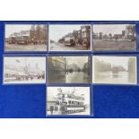 Postcards, Trams, a selection of 7 RPs of London Suburban trams, inc. 2 flooded street scenes (