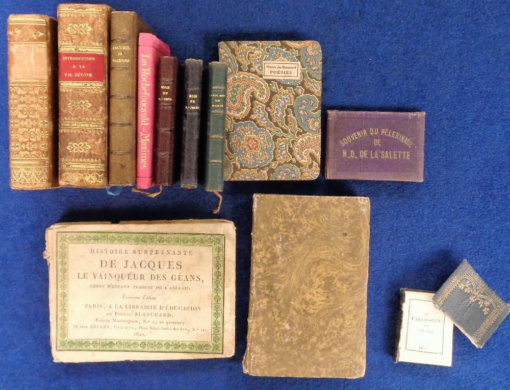 Antiquarian Books, 12 small 19thC French books to include 1820 Histoire Surprenante De Jacques Le