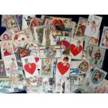 Postcards, Valentine's, approx. 65 cards, subjects include , comic, canoe, playing cards, ice