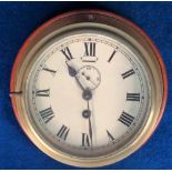 Brass Drum Clock, no markings, mounted on oak plaque, runs (gd)