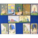 Postcards, G. Meschini, hand-paints and printed Art Deco (gd/vg) (11)