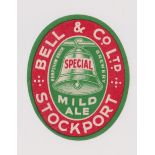 Beer label, Bell & Co Ltd, Stockport, Hempshaw Brook Brewery, Mild Ale, Green/Red, vertical oval,