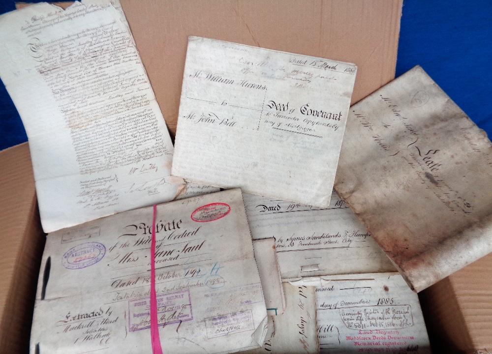 Deeds, Documents and Indentures, 120+ vellum documents 1672-1938, mainly 19thC, all concerning