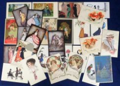 Postcards, Glamour, an Art Nouveau/Deco mix of 30 glamour cards. Artists include Jennie Harbour (6),