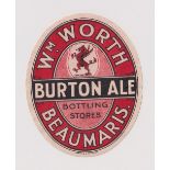 Beer label, Wm Worth, Beaumaris, Bottling Store, a very nice vertical oval, 102mm high, scarce label