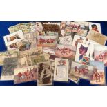 Postcards, Military, 130+ cards RPs, printed and artist drawn to include Emile Dupuis (29),
