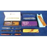 Pens, to comprise boxed Waterman fountain pen with 18ct gold nib, Parker pen with 18ct gold nib,
