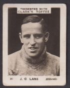 Trade card, Clarke's Toffee, Footballers, 'K' size, type card, no 26, J. G. Lane, Millwall,