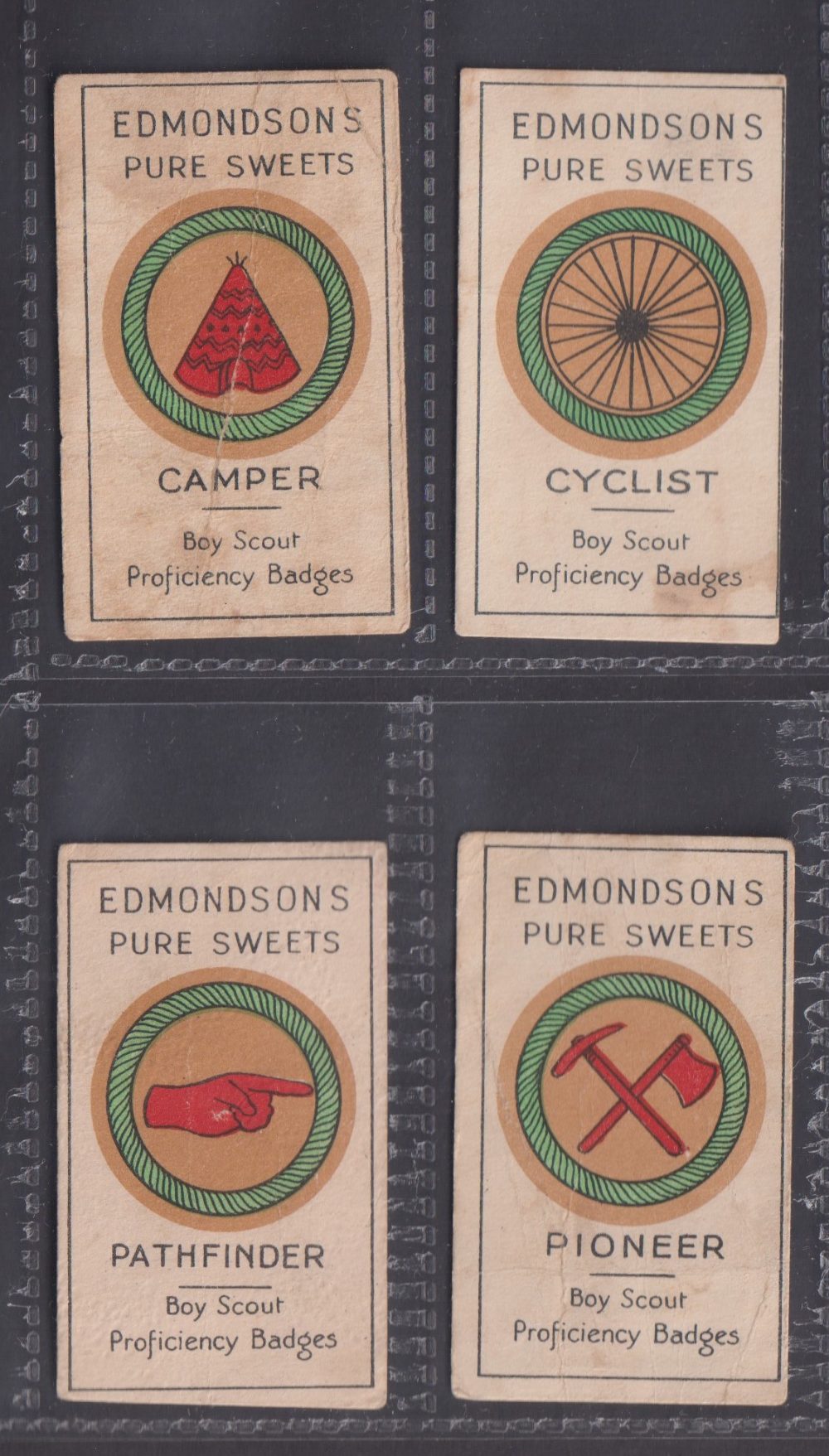 Trade card, Edmondson's, Boy Scout Proficiency Badges, four cards, Camper, Cyclist, Pathfinder &