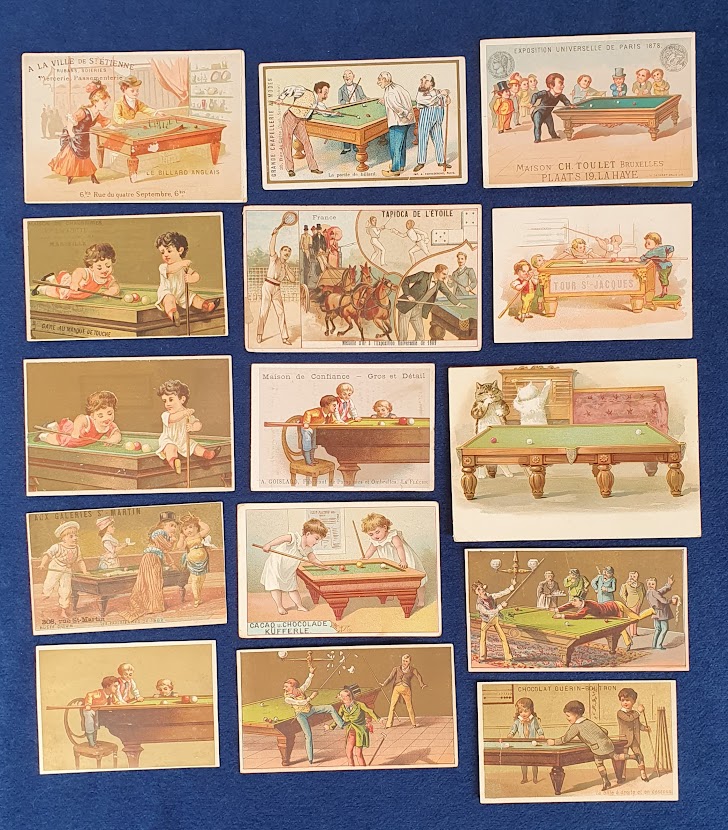 Trade cards, a collection of 16 early Continental & USA advertising cards all featuring billiard