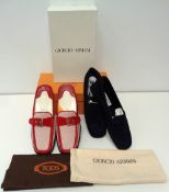Designer Shoes, 2 pairs of shoes to comprise navy suede Georgio Armani loafers size 37 and Tod's red