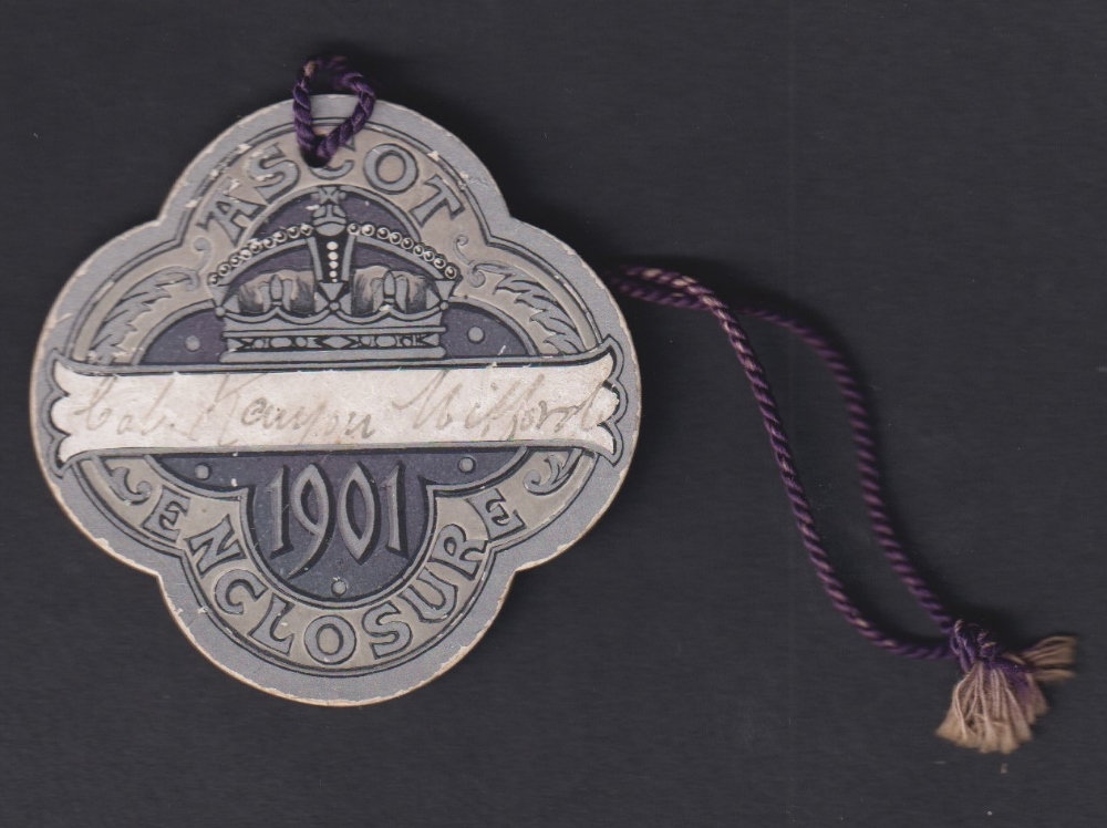 Horseracing, Royal Ascot, a Royal Enclosure card badge for 1901, in the name of Col. Kenyon Mitford,