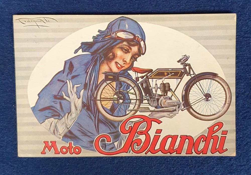 Postcard, Advertising, Motorcycling, scarce Glamour Advert for Biannchi Bikes (random writing to