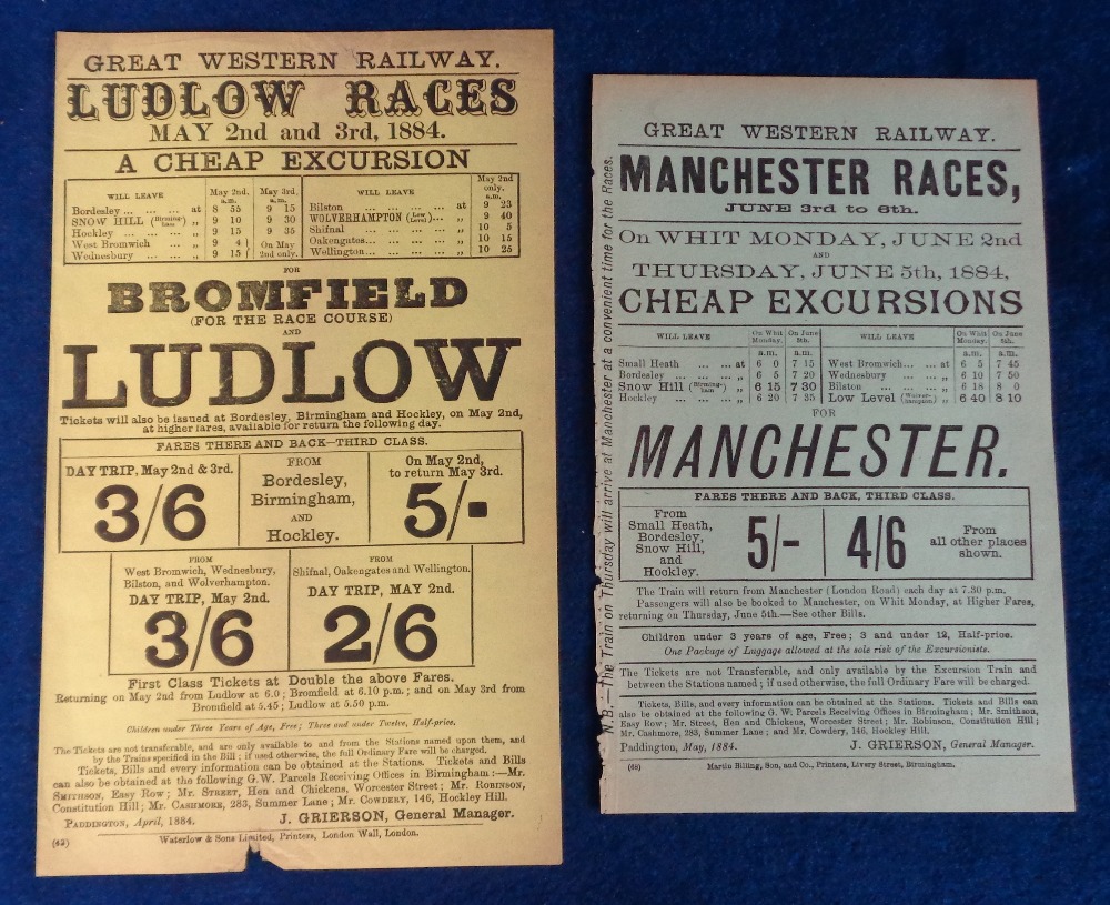 Horseracing / Railways, two early GWR excursion flyers one advertising trips from the Midlands for