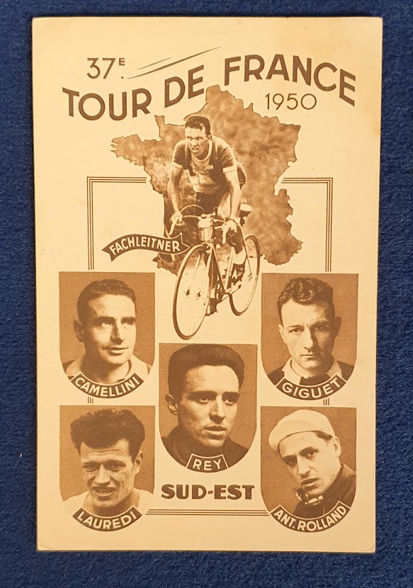 Postcard, Advertising, Cycling, sepia postcard for the 37th Tour de France 1950 showing 6 riders