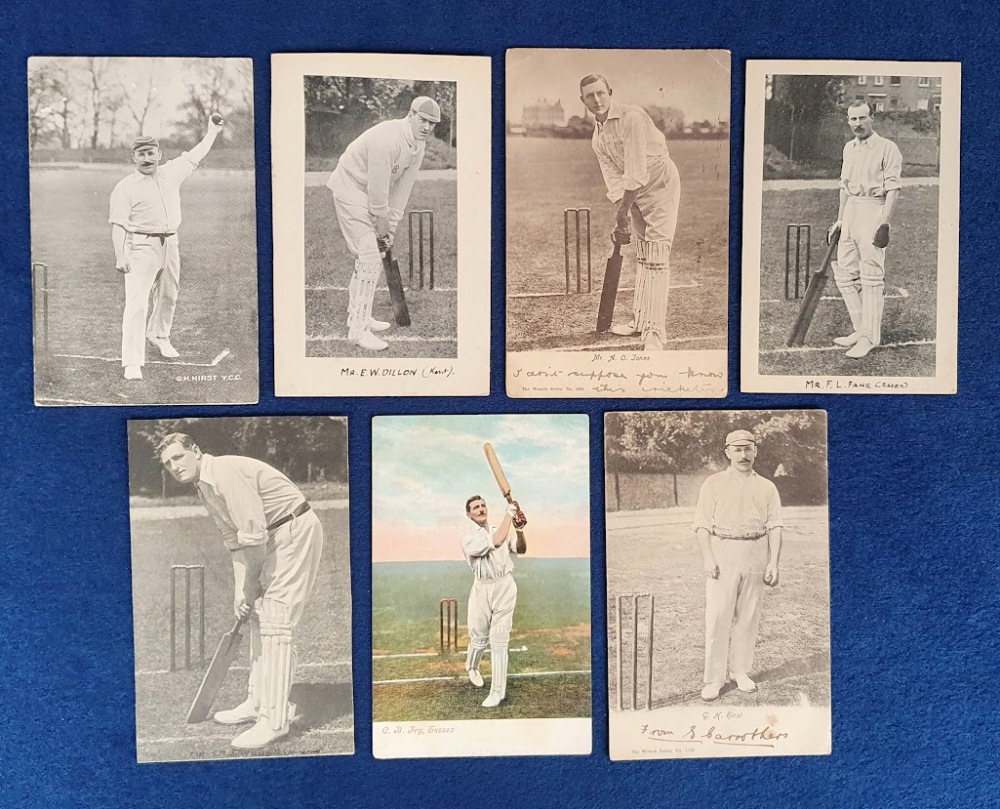 Postcards, Cricket, showing players Dillon, Hirst (2), A.O. Jones, Fane, Fry, Woods (fair/gd) (7)