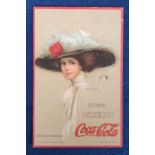 Postcard, Advertising, Coca Cola, Girl in Hat, pu 1916 Iowa (right edge crease fair/ gd)