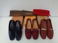 Tod's, 3 pairs of ladies leather loafers to comprise tan size US 6.5 (Europe 37) unworn, burgundy