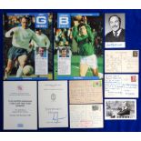 Football autographs etc, selection of 10 signed items, Gordon Banks & Jimmy Greaves, both on A4