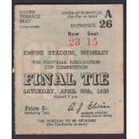 Football ticket, FAC Final ticket 1938, Preston North End v Huddersfield (some foxing, fair/gd)