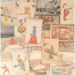Postcards, Coins and Stamps, 25+ cards featuring The Royal Mint, A.B.A. Cheques, hand painted