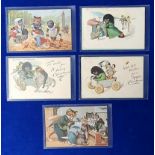 Postcards, an anthropomorphic selection of 5 cards, including 3 illustrated by Florence Upton, '