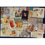 Postcards, a comic, year dates and children's art mix of approx. 42 cards with artists Hassall (