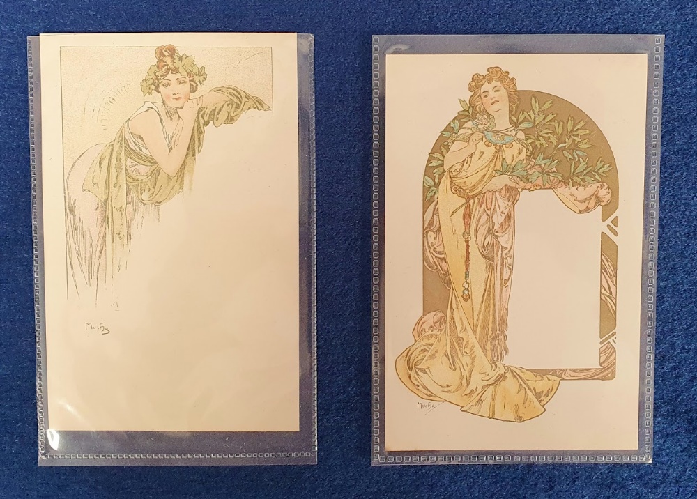 Postcards, Glamour, 2 cards of the Art Nouveau era, illustrated by Alphonse Mucha (no publisher).