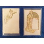 Postcards, Glamour, 2 cards of the Art Nouveau era, illustrated by Alphonse Mucha (no publisher).