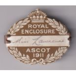 Horseracing, Royal Ascot, a Royal Enclosure shaped ladies badge for 1911 with brass clip pin back,