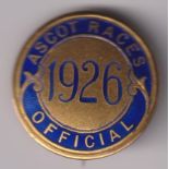 Horseracing, Royal Ascot, circular gold & blue enamelled Official's badge for 1926, pin back,