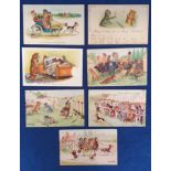 Postcards, a Louis Wain mix of 7 cards, with coconut shy at the fair, 'The coster cart on the way to