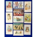 Postcards, Wain, a Louis Wain illustrated mix of 11 cards, 'At the Cat Show Not Competing', 'The