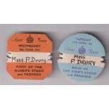 Horseracing, Royal Ascot, two badges, a circular badge for 12 June 1951 for the 'Roof of King's