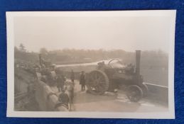 Postcard, Northamptonshire, Traction Engine Smash Wansford Bridge involving three engines, RP,