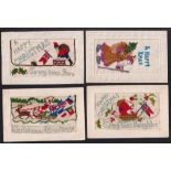 Postcards, Silks, 4 Christmas embroidered silks with all cards featuring Santa. Santa on a sleigh;