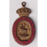 Horseracing, Sandown, members badge for 1884, red enamel decoration, oval shaped with crown to