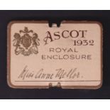 Horseracing, Royal Ascot, a Royal Enclosure rectangular shaped badge for 1932, brass pin back, no