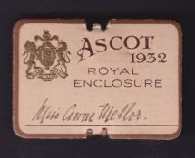 Horseracing, Royal Ascot, a Royal Enclosure rectangular shaped badge for 1932, brass pin back, no