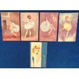Postcards, Glamour, 5 cards to comprise 4 by Gayac Dancing Girl Series and Art Nouveau Raphael